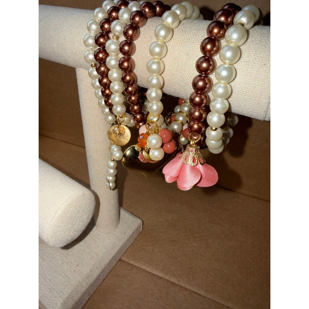 7pc Handmade Mocha Brown & Cream Pearl Stacking Bracelets with Charms - Picture 4 of 5
